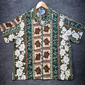 RJC Tribal Turtle Hawaiian Shirt Mens XL Green Floral Hibiscus Made in Hawaii